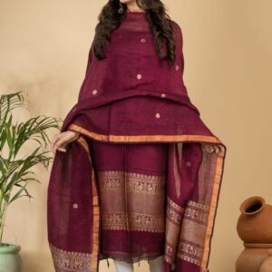 Premium Pure Linen Jamdani Suit Set (Unstitched) – Elegant Maroon & Gold Weave