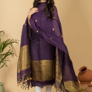Premium Pure Linen Jamdani Suit Set (Unstitched) – Elegant Purple  & Gold Weave