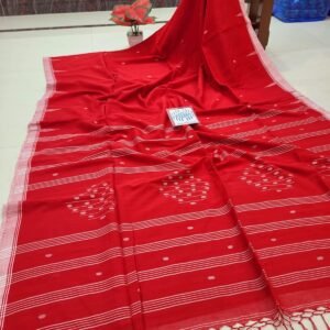 Pure Cotton Handloom Saree with Running Blouse Piece – Red Traditional Jamdani Style