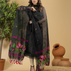 Deep Black Handloom Jamdani Muslin Unstitched 2-Piece Set