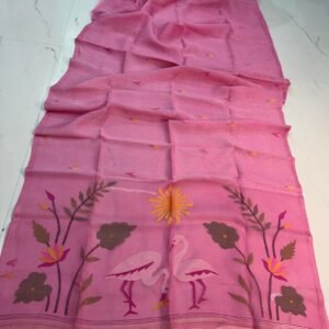 Pure Jayasree Silk Linen Jamdani Saree with Designer Crane Pallu & Blouse Piece