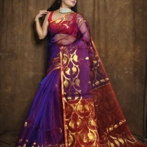 Elegant Handwoven Muslin Saree – Royal Purple & Red with Golden Motifs