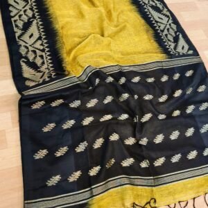 Mustard Yellow & Black Handwoven Linen Saree with Elegant Motifs